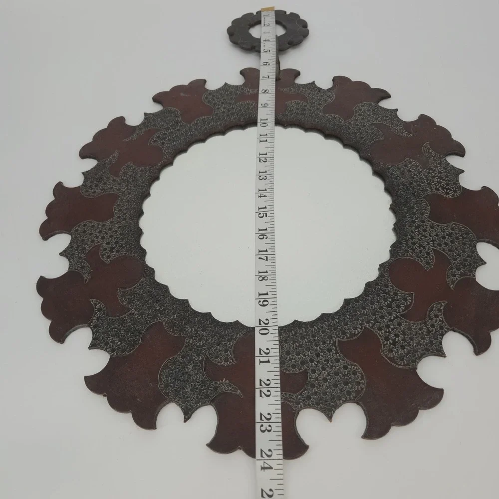 Tooled Leather Round Wall Mirror Floral Boho Moroccan Folk Art Decor Vintage